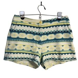 European Geometric Patterned Seersucker Women's Shorts White Yellow Teal EU 40